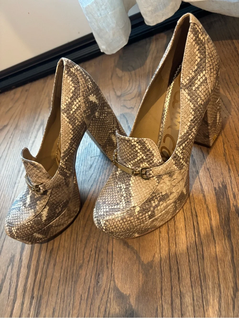 Sam Edelman Snake-Print Platform Pumps in Beige and Grey